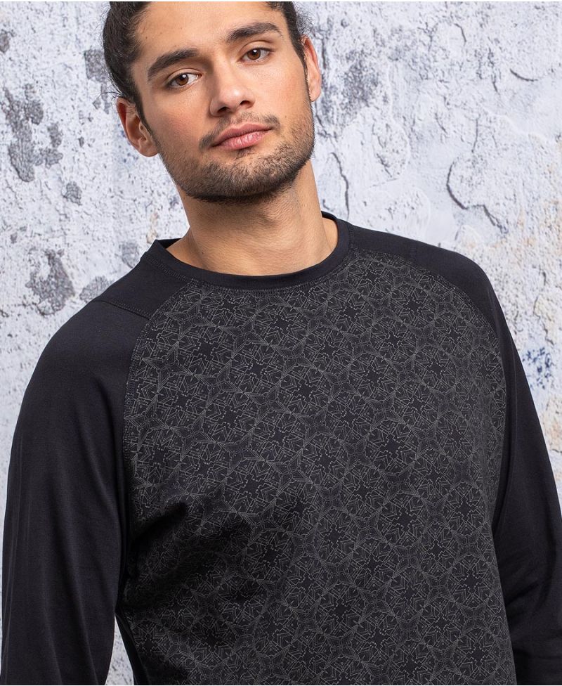 Geometric long sleeve black cotton T shirt for men
